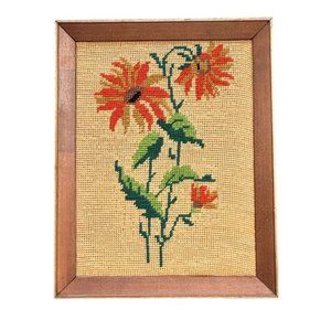 Cross Stitch Floral 10x13 burlap completed picture with frame VINTAGE 1970's